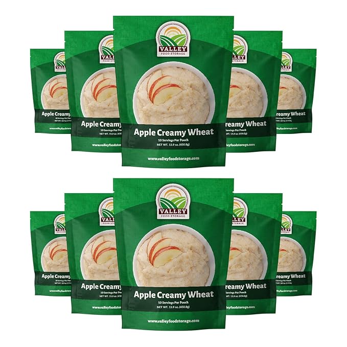 Valley Food Storage Apple Creamy Wheat | 100 Serving Emergency Breakfast Food Supply 10-Bag Bucket | 25 Year Shelf Life | Survival Meals for Long Term Food Storage Camping &amp Prepper Supplies
