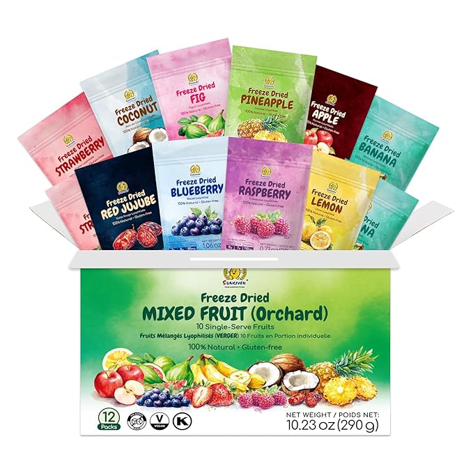 SUNGIVEN Mixed Freeze-Dried Fruit Variety Pack of 12 Bag Health Snack Freeze Dried Apple Banana Strawberry Blueberry Raspberry Coconut Mango Pineapple No Sugar Added 10.2 oz