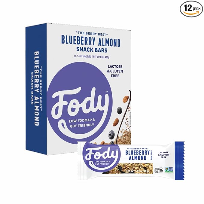 Fody Foods Snack Bars Blueberry Almond 1.41 Oz (Pack of 12) 3g Protein Low FODMAP Gut &amp IBS Friendly Vegan Lactose Free Non-GMO Gluten Free