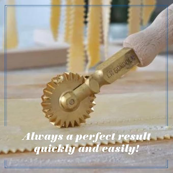 La Gondola Homemade Pasta Cutter - Festooned Wheel | Italian Pasta Making Tool for Home and Business | Brass &amp Natural Wood | Safe &amp Easy to Use Pasta Cutting Tool | Ravioli Cutter Made in Ita