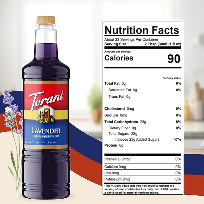 Torani Lavender Syrup 1 Liter Bottle with Pump – Premium Floral Flavoring with Pure Cane Sugar &amp Natural Ingredients for Coffee Lattes Cocktails Lemonade Desserts &amp More