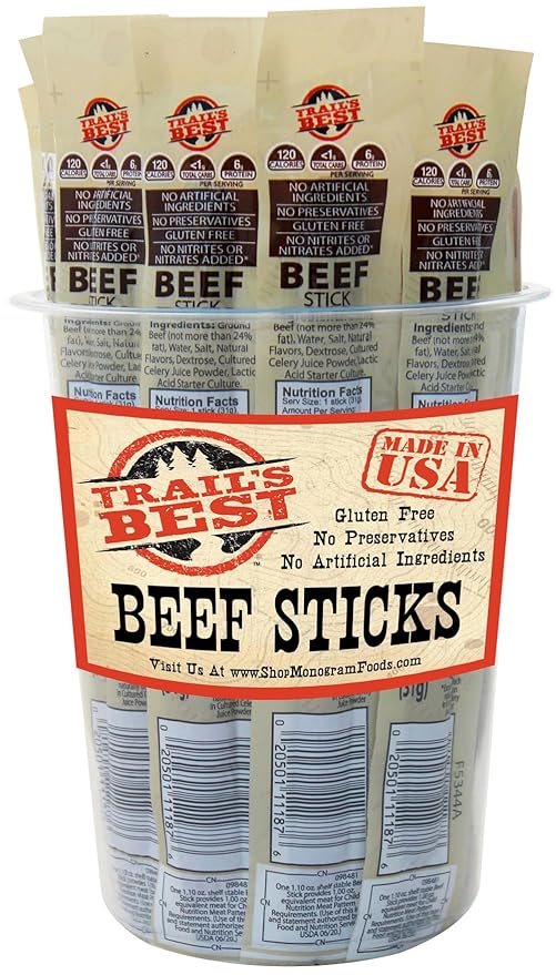 Trail's Best 1.1oz Beef Sticks – 16 Count Tubs (6 inch sticks made with all beef)
