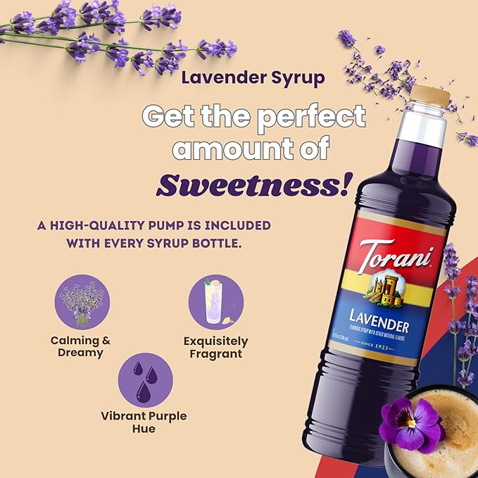 Torani Lavender Syrup 1 Liter Bottle with Pump – Premium Floral Flavoring with Pure Cane Sugar &amp Natural Ingredients for Coffee Lattes Cocktails Lemonade Desserts &amp More