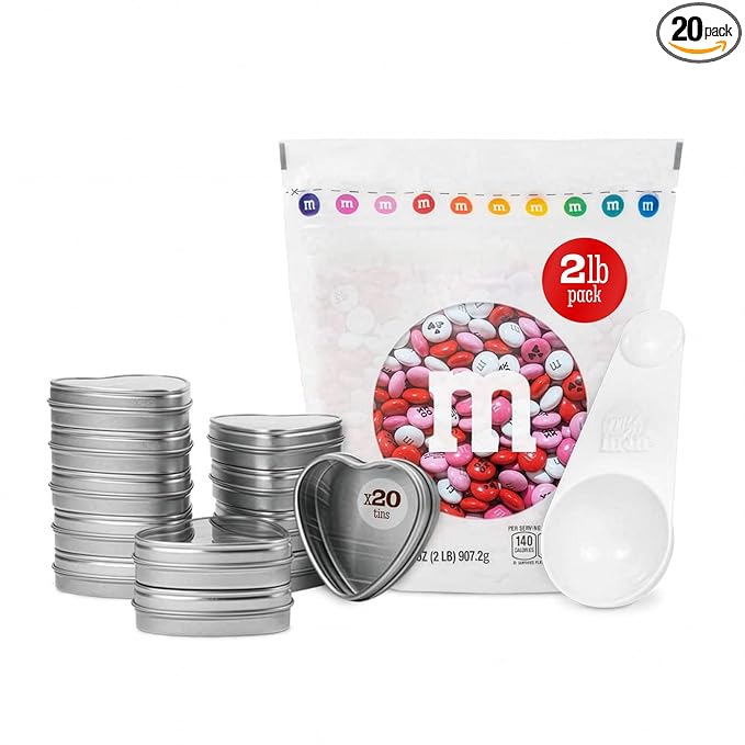 M&ampM’S Valentine's Day Chocolate Gift Kit 2lb Red Pink White M&ampM'S with Messages 20 Heart-Shaped Silver Tins for Personalized Candy Favors Galentine’s Gifts Party Favors Office Candy Treat