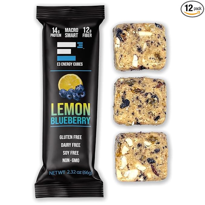 E3 Energy Cubes- Lemon Blueberry Refrigerated Protein Bars | Gluten Free Dairy Free Soy Free Non-GMO Macro Smart Prebiotic Fiber Prebiotic Fiber | High-Protein Healthy Snack Bars | Made in USA