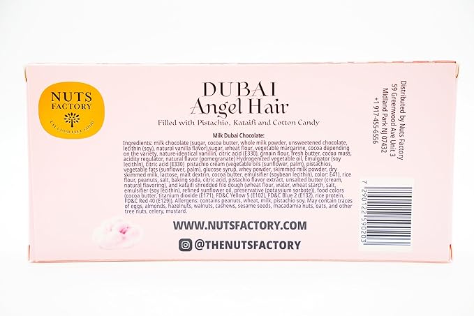 Nuts Factory - Angel Hair Dubai Chocolate Bar - Pack of 2 - Pistachio Cream Crispy Kataifi &amp Pink Cotton Candy