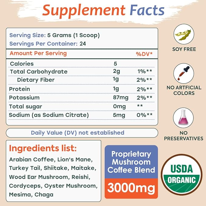 Ambica Instant Mushroom Coffee Ground USDA Organic With Ten Mushroom Coffee with Lion’s Mane Reishi Cordyceps &amp Chaga for Immnue Support &amp Gut Health Better Energy &amp Focus 24 Servings