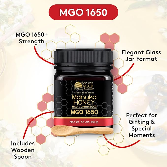 Nature’s Gold Manuka Honey MGO 1650+ Gift Set with Wooden Spoon | 8.8oz (250g) 100% Pure Genuine Traceable Hive to Home