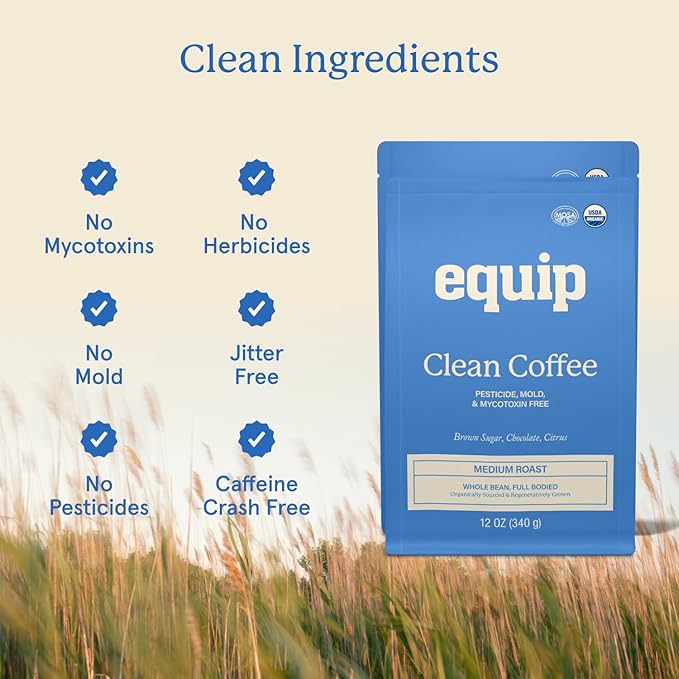 Equip Foods Clean Coffee | Gold Standard Certified Organic Fair Trade Regenerative | Medium Roast Whole Bean Nicaragua | Brown Sugar+Chocolate+Citrus