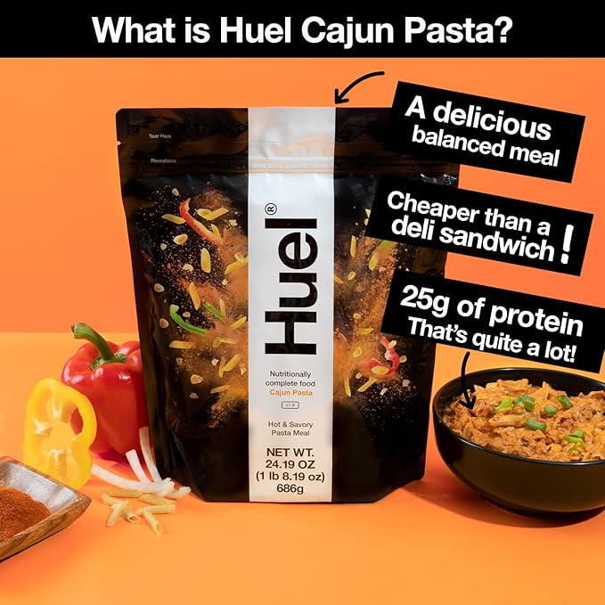 Huel Hot and Savory Instant Meal Replacement - Cajun Pasta - 14 Scoops Packed with 100% Nutritionally Complete Food Including 25g of Protein 6g of Fiber and 27 Vitamins and Minerals