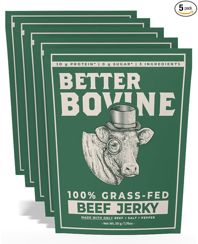 BETTER BOVINE Grass Fed Extra Lean Beef Jerky Keto Paleo Low Carb High Protein Gluten Free Sugar Free Non-GMO Nitrate Free Preservative Free No Antibiotics No Added Hormones 30g Protein 0