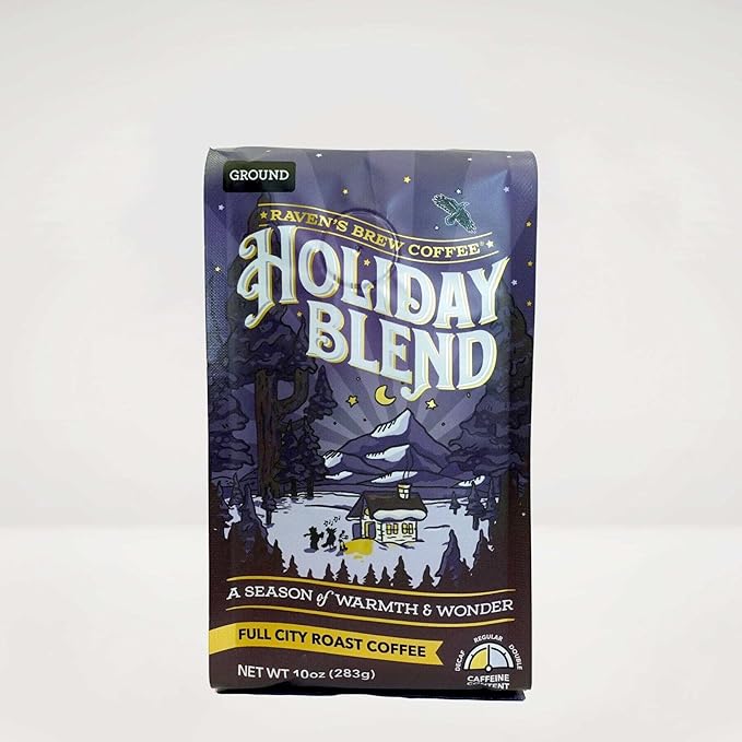 Raven's Brew Coffee Holiday Blend Ground Coffee - Premium 10oz Full City Roast with Molasses Spices &amp Baker's Chocolate Notes | Seasonal Celebration Medium Roast for Christmas &amp Fall