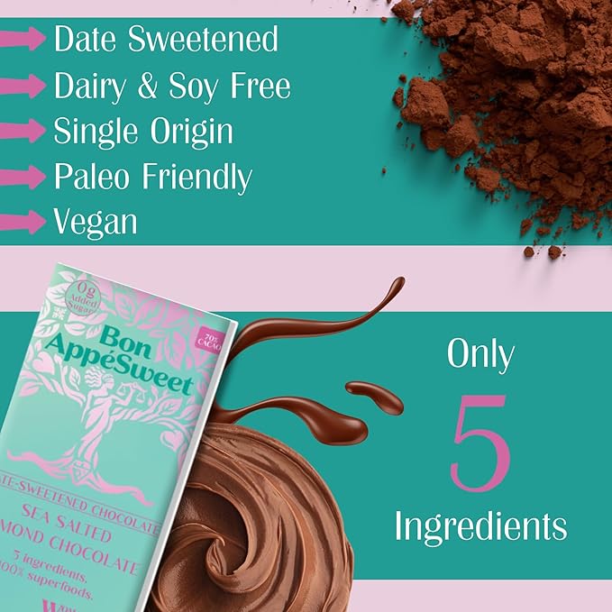 Bon Appesweet Date Sweetened Chocolate Bar - Healthy Dark Chocolate | Sea Salted Almond Chocolate | 2.2 Ounce (Pack of 3) | Organic Zero Added Sugar 70% Cacao Plant Based Dairy Free and Guilt Fre