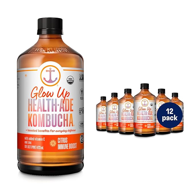 Health-Ade Kombucha Tea Organic Drink Fermented Tea with Living Probiotics Detoxifying Acids Supports Gut Health Non-GMO Vegan Gluten Free 12 Pack (16 Fl Oz Bottles) Citrus Immune Boost