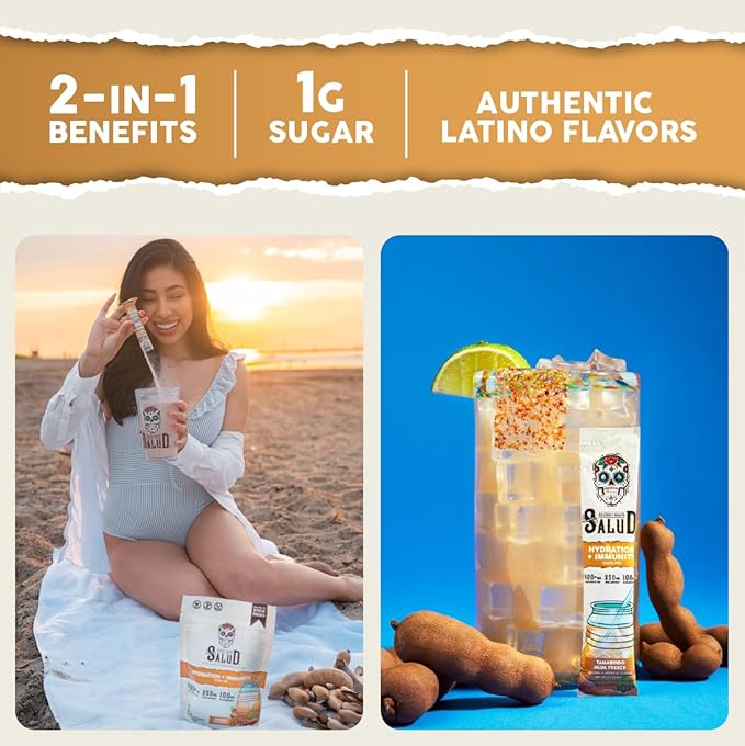 Salud 2-in-1 Hydration Packets + Immunity Electrolytes Powder Tamarindo - Agua Fresca Drink Mix Elderberry Dairy &amp Soy Free Non-GMO Gluten Free Vegan Low Calorie 1g Sugar (15 Servings)