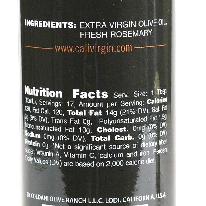 Calivirgin Rosemary Olive Oil - Rosemary Infused Extra Virgin Olive Oil - Cold Pressed Olive Oil - Rosemary Flavored Olive Oil - No Preservatives Organically Grown Olives - Gourmet Olive Oil - 250ml
