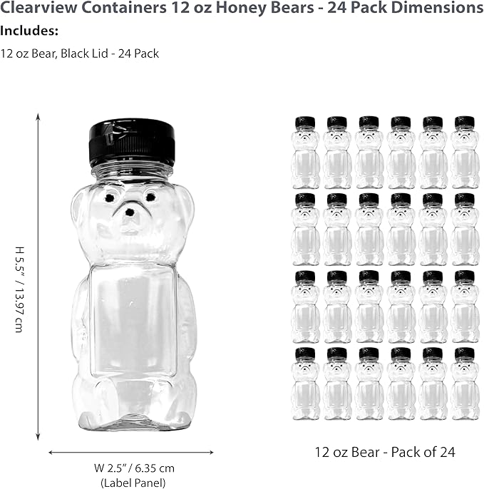 12 Ounce Clear Plastic Squeezable Honey Bears with Sealable Flip Top Lids - BPA Free Hand Wash Only (Black 24 Pack)