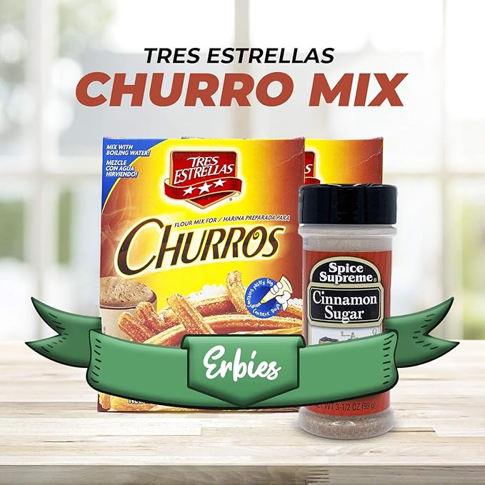 Tres Estrellas Churros Mix with Spice Supreme Cinnamon Sugar 3 Pc. Bundle Authentic Mexican Batter Powder for Crunchy Donut Sticks Easy to Blend