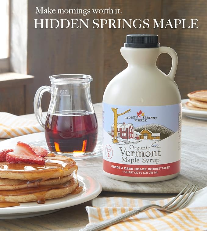 HIDDEN SPRINGS MAPLE 100% Organic Vermont Maple Syrup Grade A Very Dark Robust 32 Ounce 1 Quart Family Farms BPA-free Jug