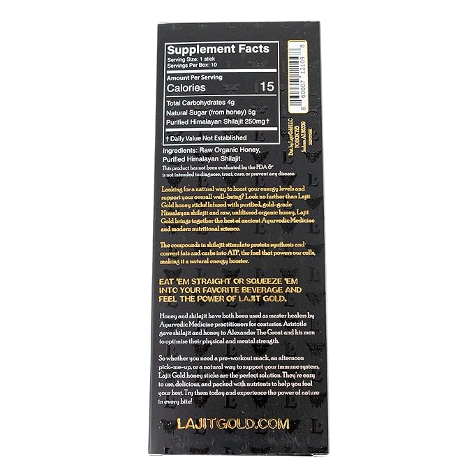 Lajit Gold Grade Himalayan Shilajit Honey Sticks –Organic Raw Honey + Fulvic Acid &amp 85+ Trace Minerals – Resin-Infused for Men &amp Women –Natural Energy Stamina &amp Immunity –10 Single-Serve