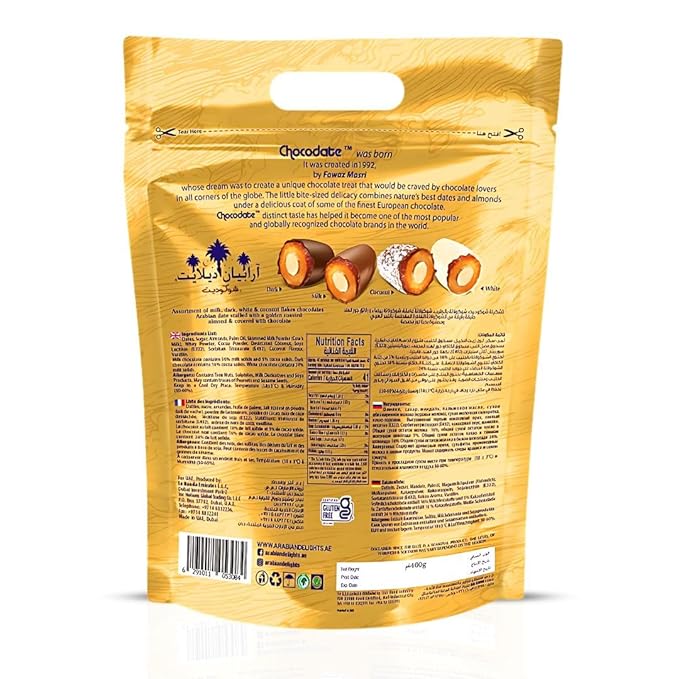 Intense Delish Chocolate Covered Almond Stuffed Dates - Arabian Delights Chocodate Assorted Pouch 460g – Premium Chocolate Dates Gift Pack in Milk Dark White &amp Coconut Chocolates Varieties