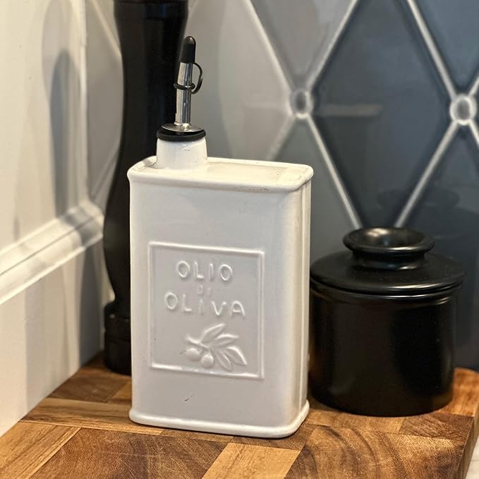 Fox Run White Ceramic Oil Can 17 oz/500 ML Olive Oil Dispenser With Pouring Spout and Cap