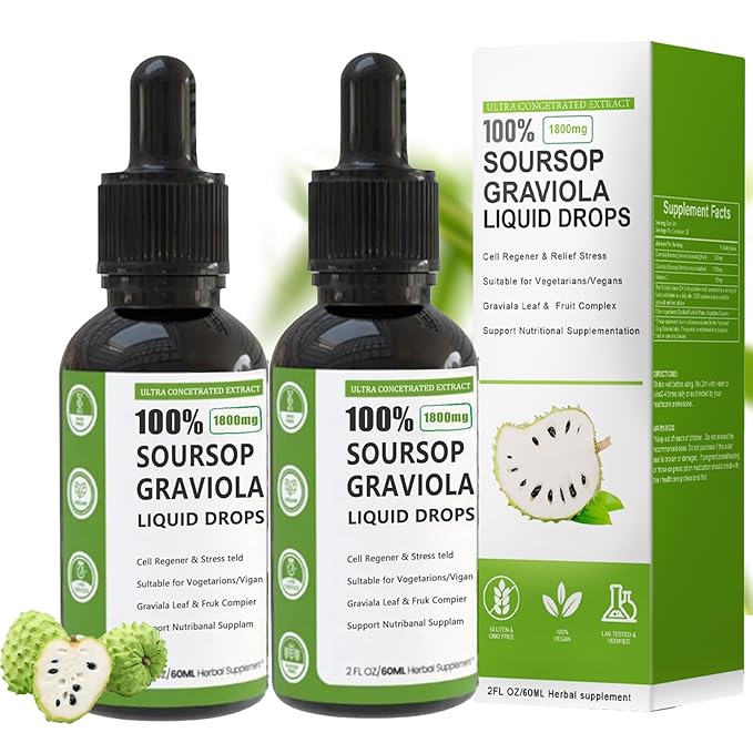 Soursop Graviola Liquid Drop 100% Organic Pure Soursop Leaves and Fruit Extract Soursop Bitters Liquid Soursop Extract Organic Pure 1800mg Sugar/Gluten Free Natural Flavor