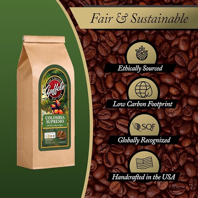 Apffels Colombian Supremo - Whole Bean Medium Roast 100% Arabica Coffee (2lb Bag)