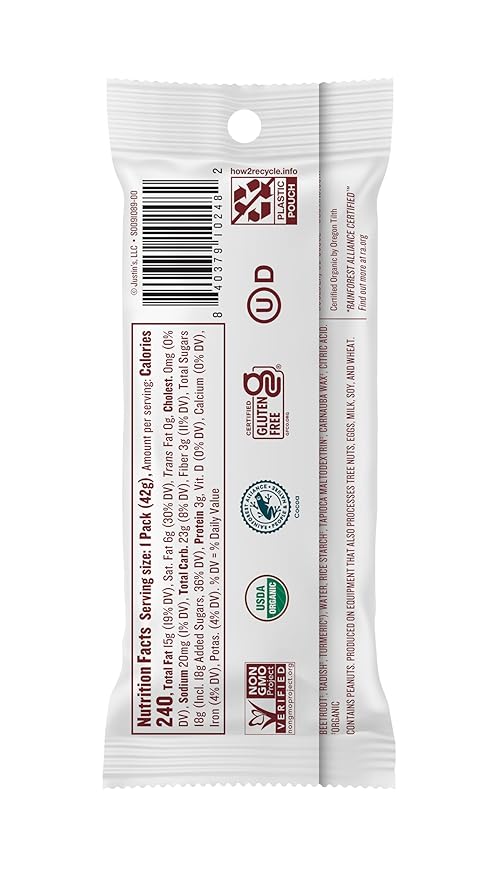Justin's Dark Chocolate Peanut Candy Pieces 12pk of 1.5oz bags Organic Gluten Free Non-GMO Responsibly Source Rainforest Alliance Certified Cocoa