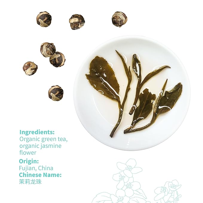 Essencesip Jasmine Pearl Green Tea Loose Leaf 6oz Tin – 4x Scented Dragon Pearls with Deep Jasmin Aroma Smooth Taste USDA Organic Ethically Sourced
