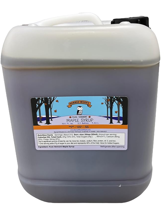 Bulk Pure Vermont Maple Syrup - 2.5 Gallon Jugs - From Barred Woods Maple (Grade A Amber Rich)