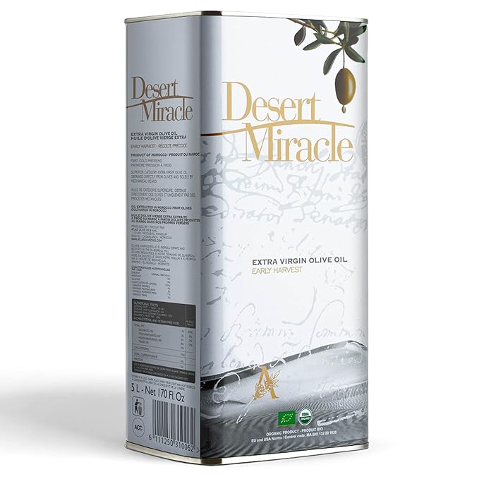 DESERT MIRACLE Cold Pressed Polyphenol Rich Moroccan Olive Oil Extra Virgin Olive Oil with High Polyphenols Organic First Cold Pressed EVOO From Morocco 5 Liter Can