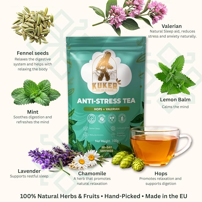 KUKER Anti-Stress Tea 100g Loose Leaf – Calming Herbal Tea with Chamomile Valerian Lavender &amp Lemon Balm – Natural Anxiety Relief &amp Sleep Support