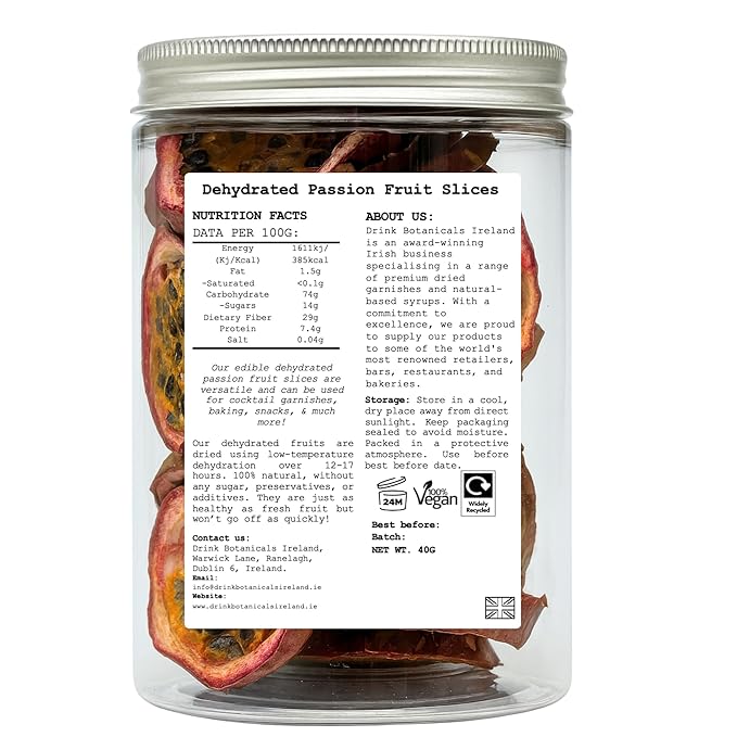 Drink Botanicals Ireland | Dehydrated Dried Passion Fruit Slices | 20+ Slices Approx | 100% Natural | Passion Fruit For Garnishing Cocktails Mocktails Cakes | 40 Grams | 1.41 oz | PET Recyclable Jar