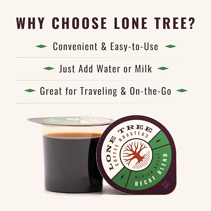 Lone Tree Single-Serve Coffee Pods – Premium 100% Arabica Liquid Concentrate – Smooth &amp Bold Decaf – 12 Pods – Ready Hot or Iced