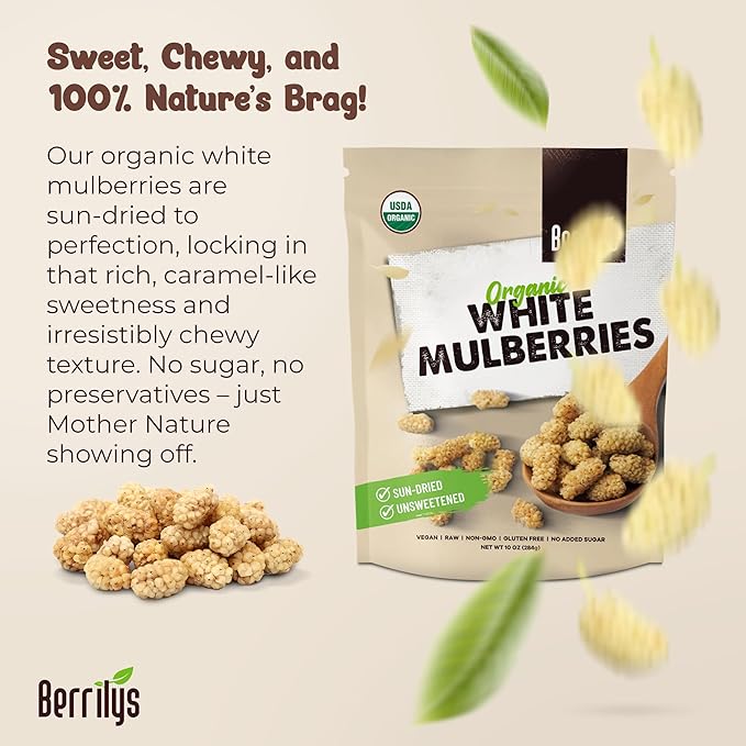 Berrilys Natural Unsweetened Dried Tart Cherries 1 lb No Sweet Added Great for Baking Snacking &amp Salads + Natural Dried Mulberries White Mulberry Non-GMO Unsulfured Raw 10oz Plant-based.