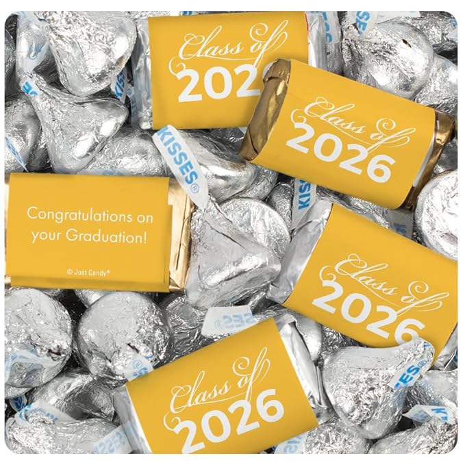 124 Pcs Yellow Graduation Candy Party Favors Yellow Wrapped Miniatures and Silver Kisses by Just Candy (1.52 lbs approx. 124 Pcs)