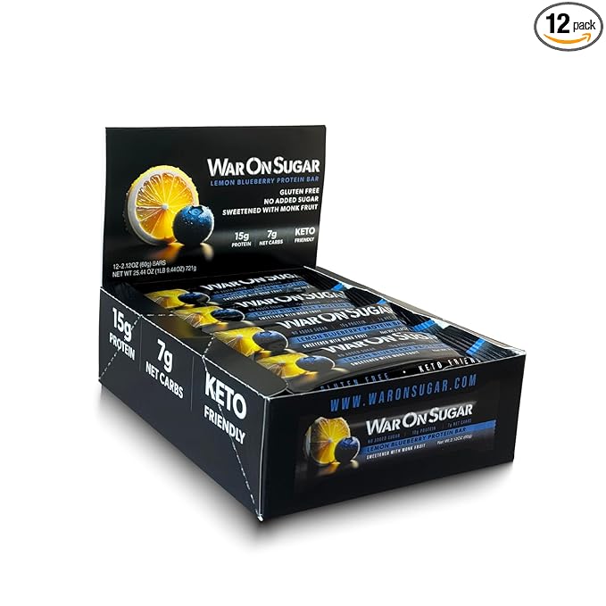 War on Sugar Lemon Blueberry - High Protein Bars No Sugar Added 15g Protein 7g Net Carbs Keto Friendly Gluten Free All-Natural Ingredients Monk Fruit Sweetened No Crash - 12 Count Box