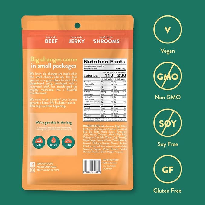 Moku Plant-Based Mushroom Jerky Vegan Gluten Free Soy-Free Non-Gmo No Artificial Sweetener Healthy Snacks 2.0 Oz Ea (3 Count Sweet &amp Spicy)