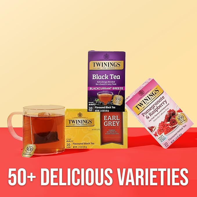 Twinings Blackcurrant Breeze Black Tea Individually Wrapped Bags 20 Count (Pack of 4) Sweet Tangy Taste Caffeinated Enjoy Hot or Iced 80 Teabags.