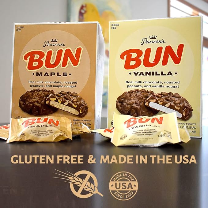 Pearson's Maple BUN Cluster Bar | Roasted Peanuts Real Milk Chocolate and Maple Nougat | Pack of 24 |Individually Wrapped