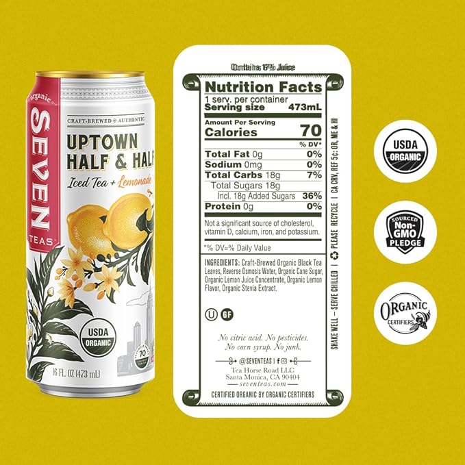 SevenTeas Uptown Half &amp Half Iced Tea and Lemonade 16 OZ (Pack of 12 Cans) Organic Iced Tea