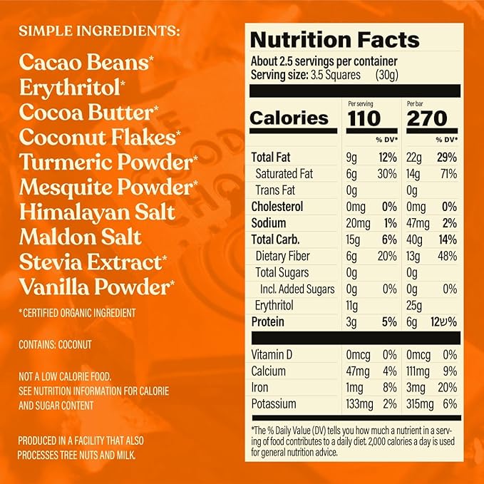 THE GOOD CHOCOLATE – Coconut Turmeric Dark Chocolate Bars with Zero Sugar &amp Lower Net Carbs – Keto Chocolate Bar with Lower Calories All Natural and Non-GMO Keto Snacks 2.5 oz (6 Bars Value Pack