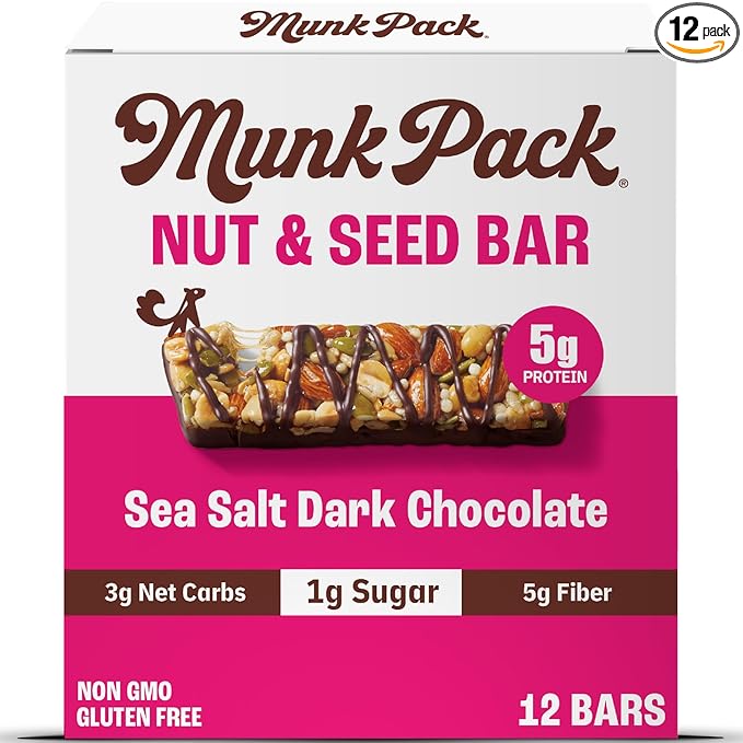 Munk Pack Nut &amp Seed Bars Sea Salt Dark Chocolate Prebiotic Probiotic GLP-1 Snack Gut Friendly 5g Fiber 5g Plant Protein Gluten Free Keto No Sugar Alcohols 3g Net Carb 12 Count
