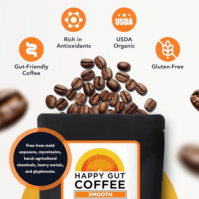 Happy Gut Coffee - Doctor-Formulated Organic Medium-to-Dark Roast Coffee with Gut-Friendly Benefits - Gentle on Stomach - Rich Flavor Gluten-Free No Bitterness - 12oz - SMOOTH - Ground