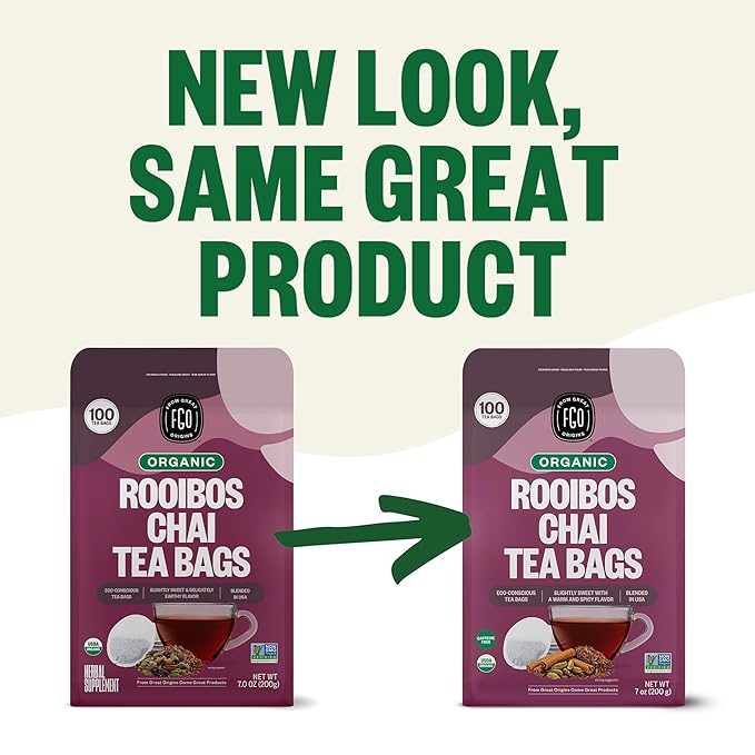 FGO Organic Rooibos Chai Tea 100 Count Eco-Conscious Tea Bags Resealable Bag Packaging May Vary (Pack of 1)