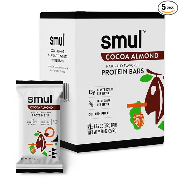 smul Plant Based Protein Bar – Cocoa Almond – 13g Protein Only 3g Sugar Gluten Free Non-GMO Vegan Dairy Free – High Fiber Snack to Satisfy and Sustain – 5 Pack