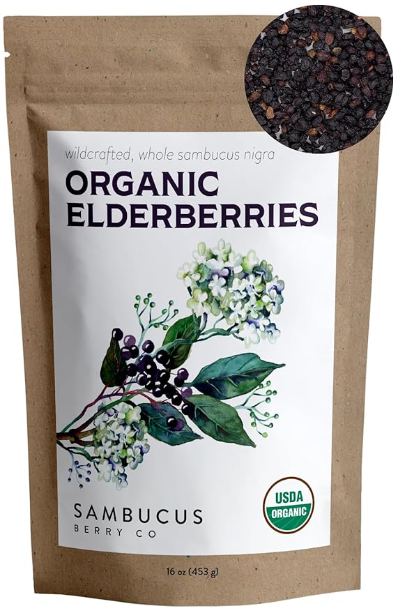 Certified USDA - 100% Organic Dried Elderberries - 1lb Bulk - Non-Irradiated Non-GMO Wild Harvest Whole Black Elderberry Immune Support - Raw Vegan Sambucus 1 Pound