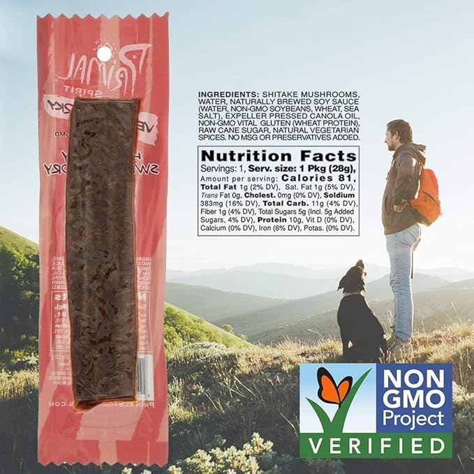 Primal Spirit Vegan Jerky “SHIITAKE MUSHROOM” – “Classic Flavor” – Hot &amp Spicy-Sweet &amp Savory 10 g. Plant Based Protein Certified Non-GMO No Preservatives Sports Friendly Packaging (24 Pac