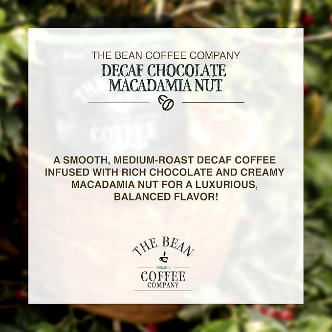 The Bean Organic Coffee Company Water Processed DECAF Chocolate Macadamia Nut Medium Roast Ground Coffee 16-Ounce Bag Café Molido Tostado Orgánico descafeinado